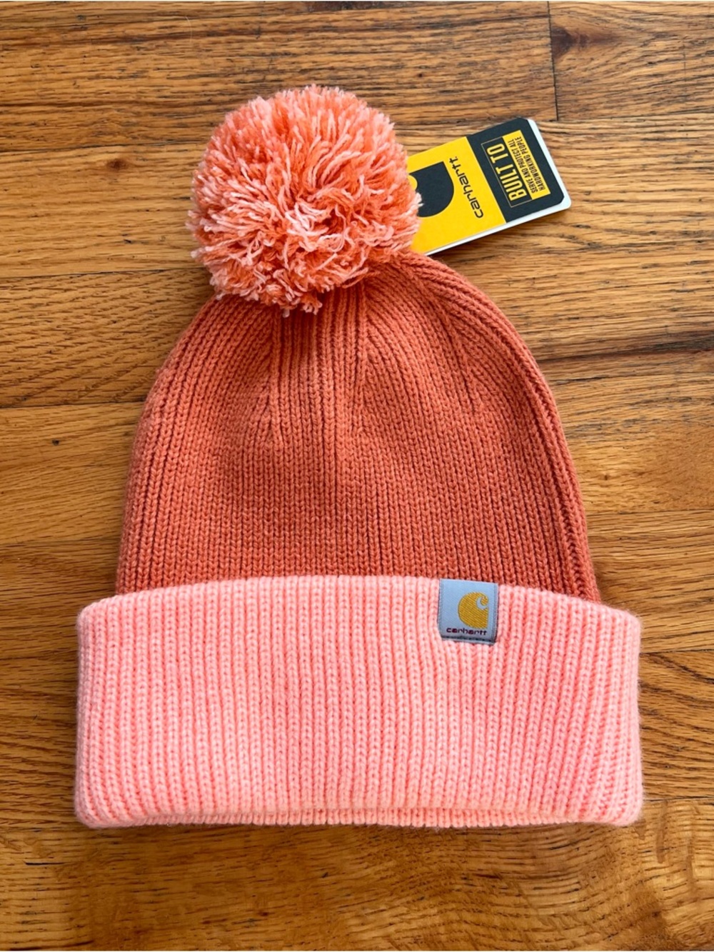 Carhartt Adult Pom Knit Beanie Two Tone Light and Dark Coral Pink NWT